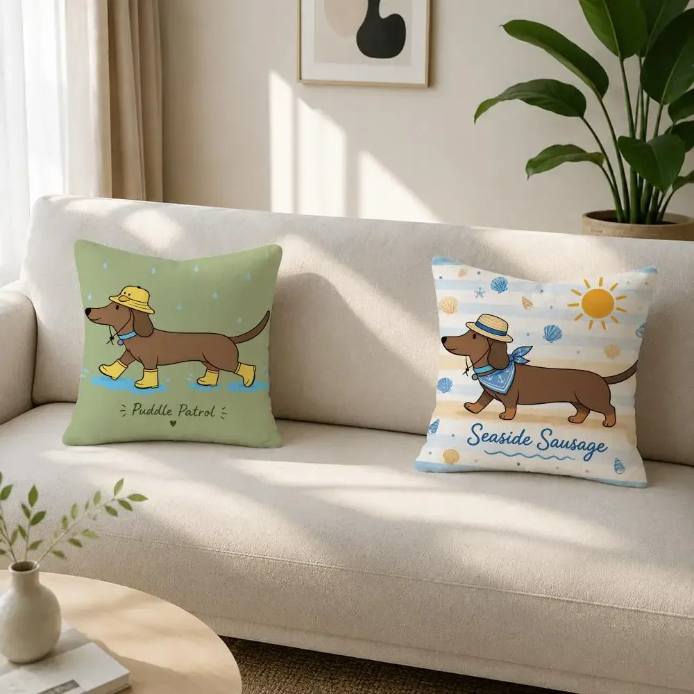 Animal Illustration Sausage Dog Illustration Cushion Cover Soft Plush Fluffy Throw Pillow Cases for Sofa Bedroom Home Decor