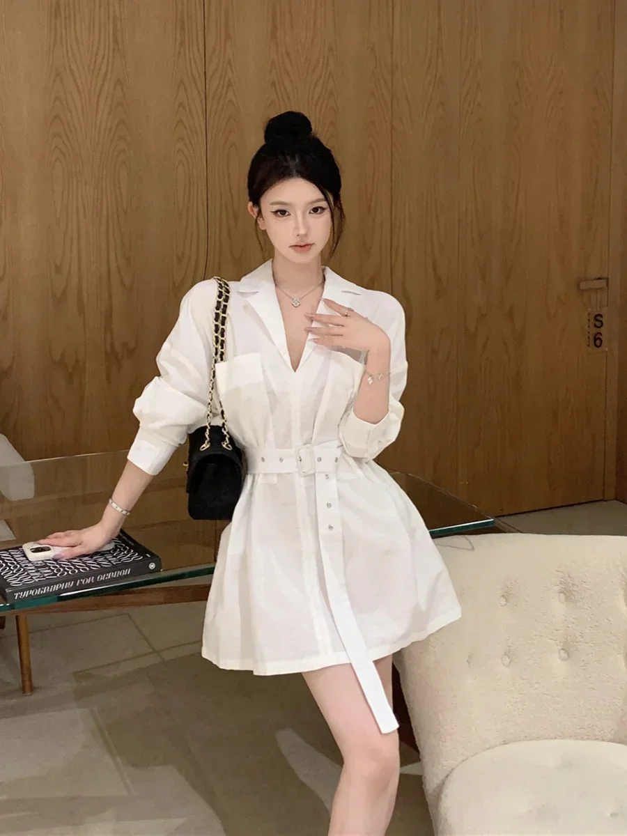 Autumn Korean Vintage Sexy Small Suit Collar Shirt Dress Women's Long Sleeve Fashion Waist Slim A-line Female Vestidos with Belt