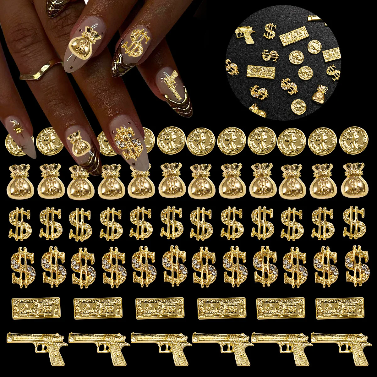 Professional 6 Grid Cool Y2K Alloy Metal Fingernail Accessories Small Golden Money Sign Dollar Gun Decoration Nail Art Charm