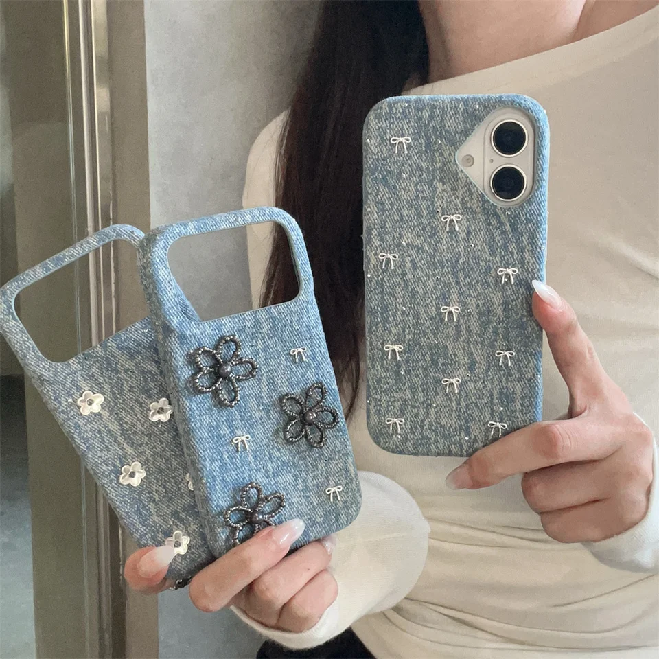 INS Fashion Denim Cute Bow Flower Phone Case for iPhone 16 Pro 13 14 15 17 Pro Max Cover Lovely Shockproof Funda Protective Case