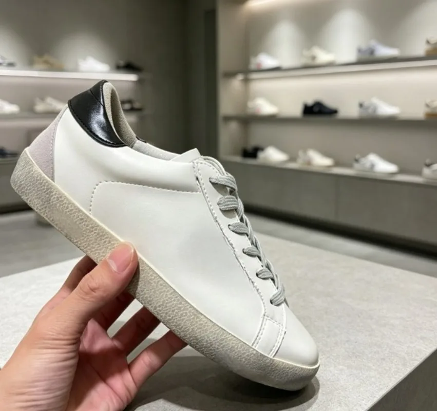 Vintage star distressed white flat sneakers for men women couples, versatile casual retro low-top shoes.