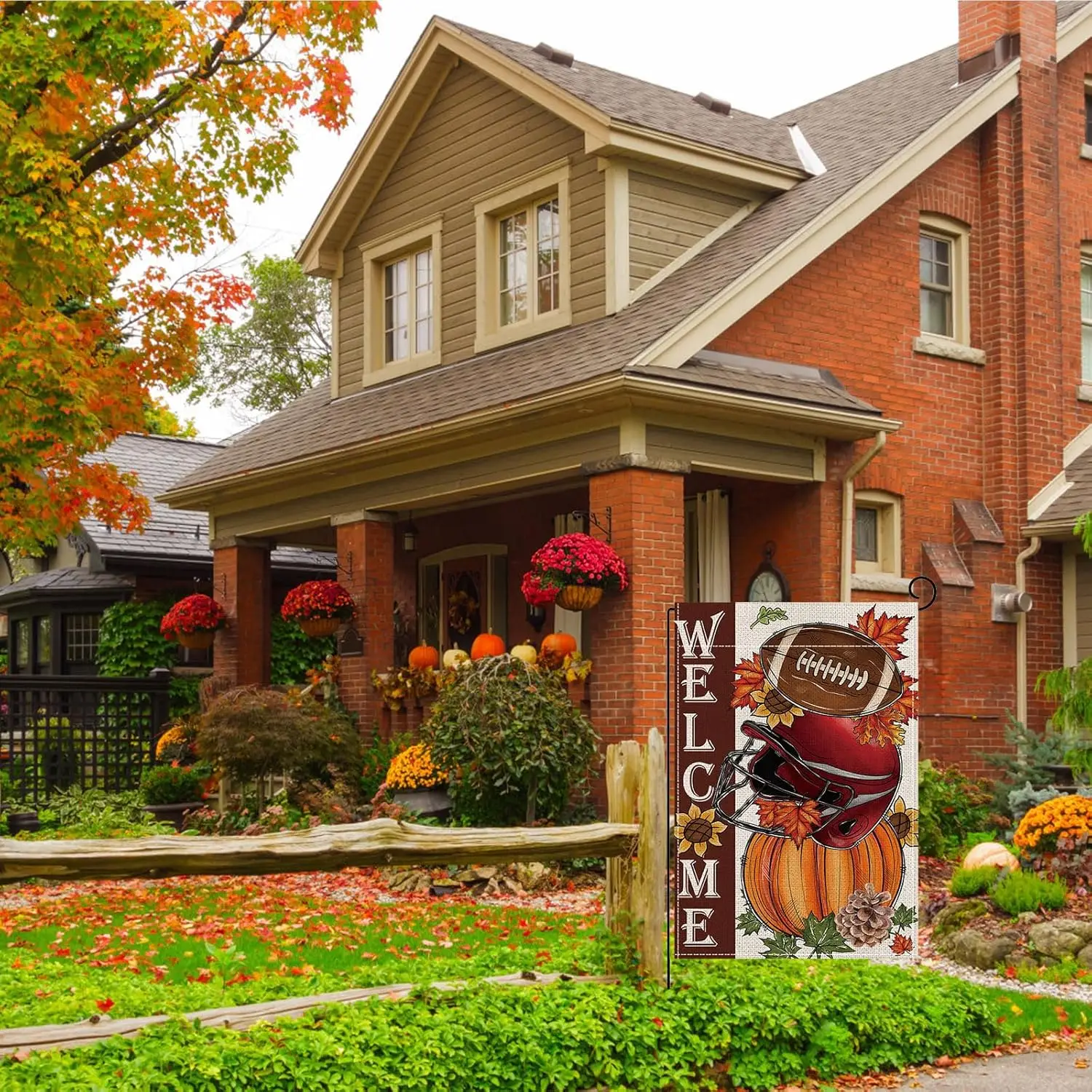 أعلام حديقة الخريف، ديكورات الخريف للمنزل الخارجي، ديكورات الخريف للمنزل، حديقة البيسبول اليقطين لعيد الشكر في الخريف F FFI