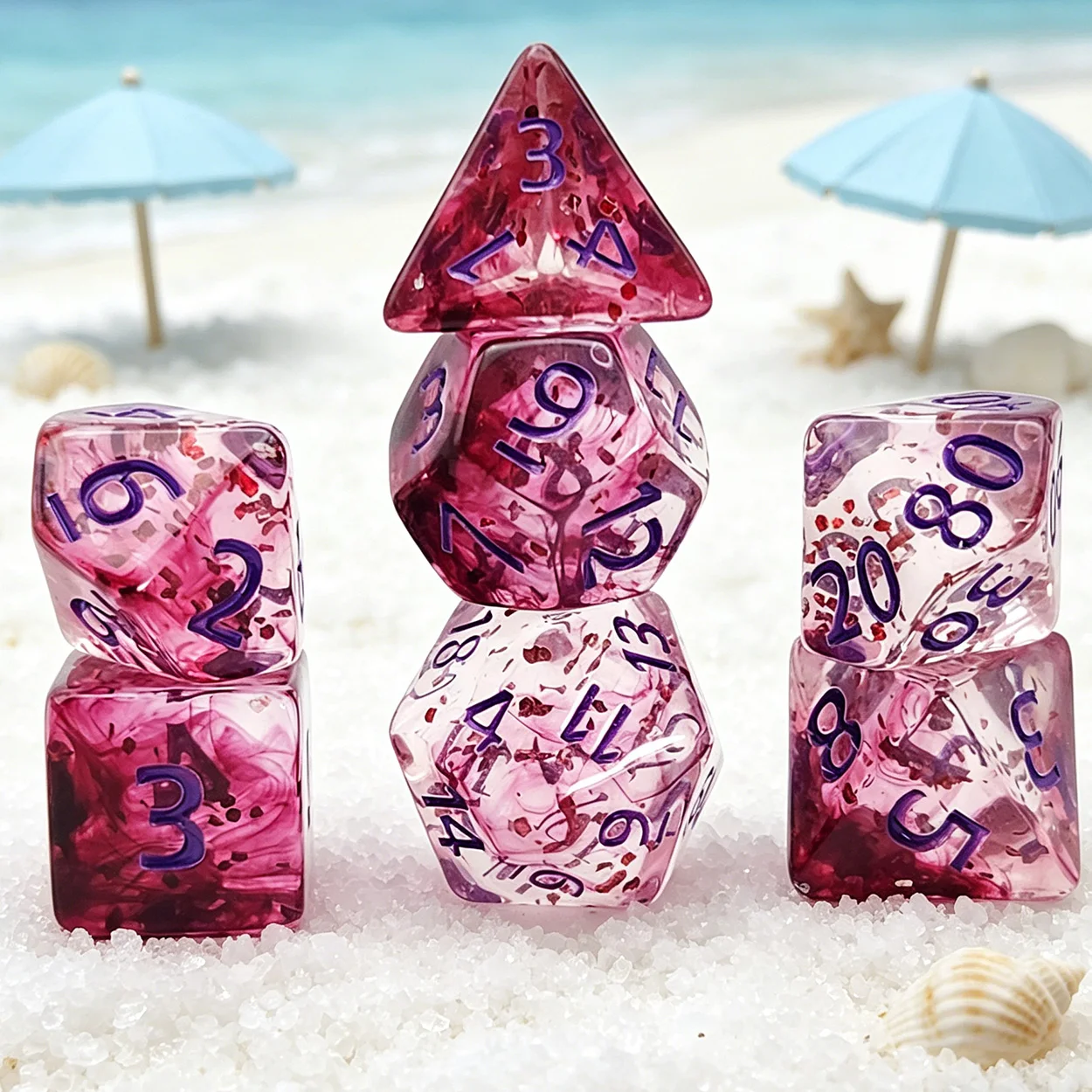 

7-Piece Set of Acrylic Polyhedral Dice with Unique Red-Purple Gradient and Smudged Texture, Embedded with Red Glitter, Transparent Like Amethyst, a Holiday/Birthday Gift for Board Game Enthusiasts
