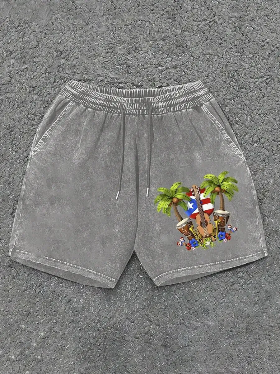 

Mens Stone-Washed Cotton Shorts With Puerto Rico Cultural Print, Elastic Waist, Drawstring Closure, Side Pockets, Summer Casual