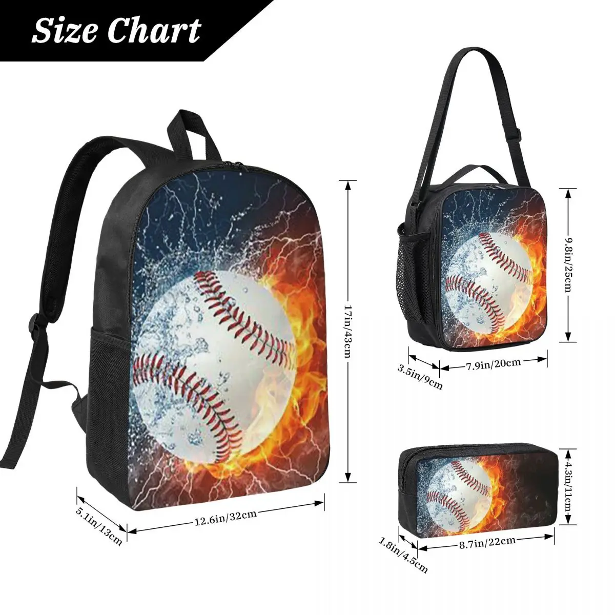 Baseball In The Fire And Water Backpack Boys Girls BookBag School Bag Laptop Shoulder Bags 3ps Insulated Lunch Bag Pencil Case