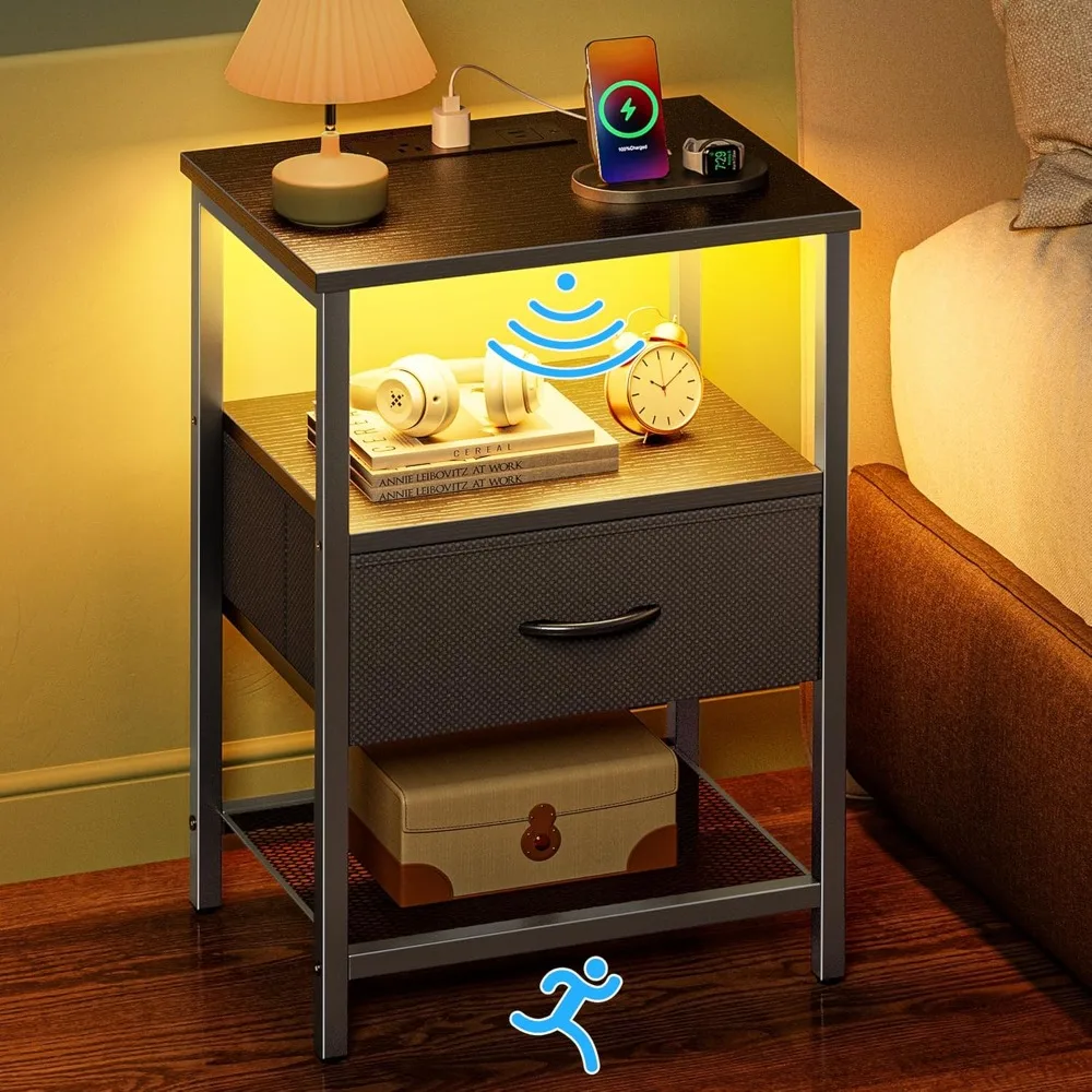 LED Nightstand with Motion Sensor Light and Charging Station, Night Stand Nightlight, Bedside Table Fabric Drawer, End Storage