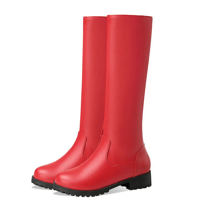 

Повседневная красно-белая зимняя обувь на плоской подошве для женщин, лаконичные удобные мотоциклетные ботинки до середины икры на молнии из искусственной кожи в западном стиле