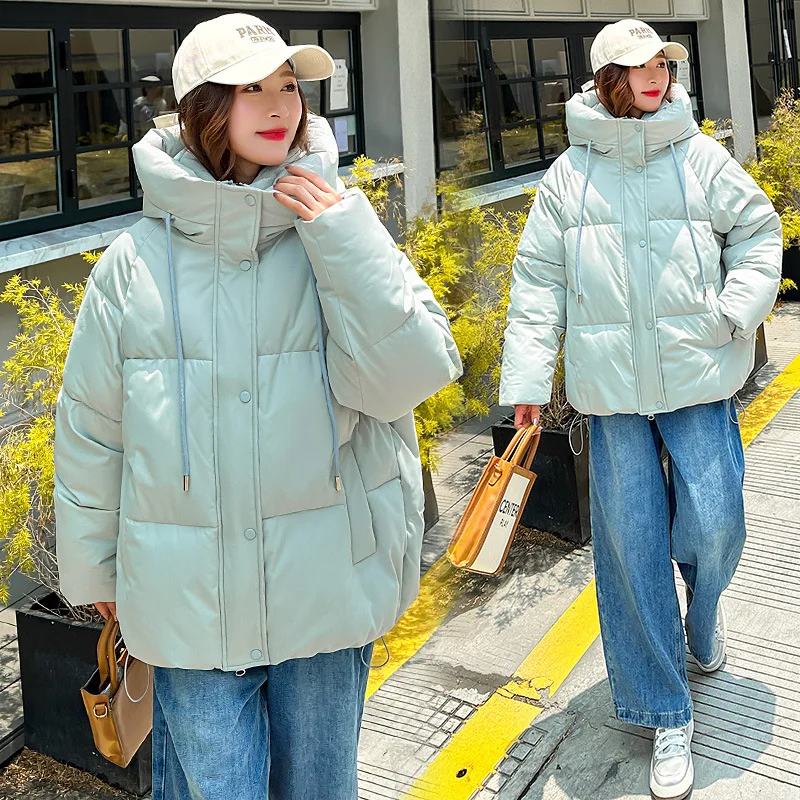 Hooded Parkas Coats Women Short Solid Jackets Zipper Drawstring Pocket Long Sleeves Thick Loose Office Lady Casual 2025 Winter