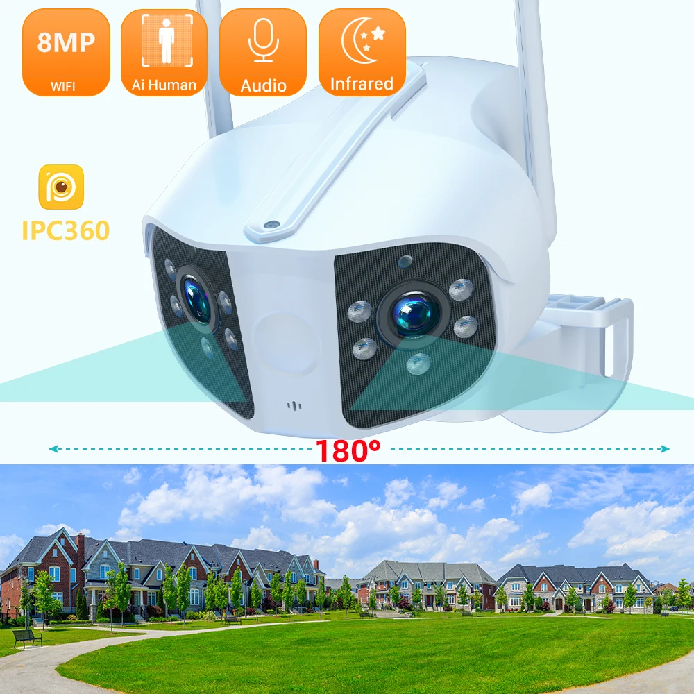 4K 8MP Dual lens Wifi IP Camera Outdoor 180° Ultra Wide View Angle Panoramic Human Detect CCTV Camera Video Surveillance