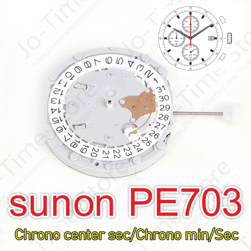 Sunon PE703 Movement - China Made Watch Mechanism with Three Hands Date Small Chronograph And Second Timer Features