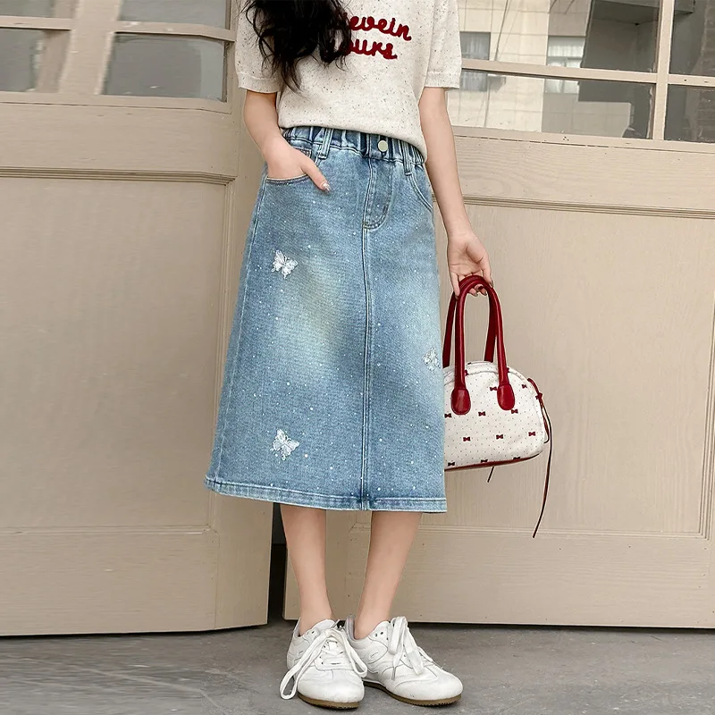 New Summer Style Girls Denim Skirt Suitable Teen Children Fashion and Versatile Heavy-duty Butterfly hot diamond denim dress