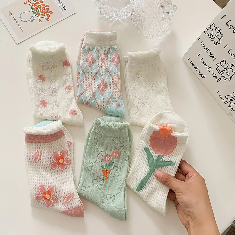 Women's Socks New Summer Thin Breathable Mesh Socks Sweet Tulips Cute Flowers Versatile Trendy Cotton Socks For Girl Wholesale