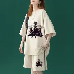 Oversized Athleisure Fashion Wide Leg Pants Two-piece Suit Summer Fashion Loose Printing O-neck Short Sleeve Matching Sets Tops