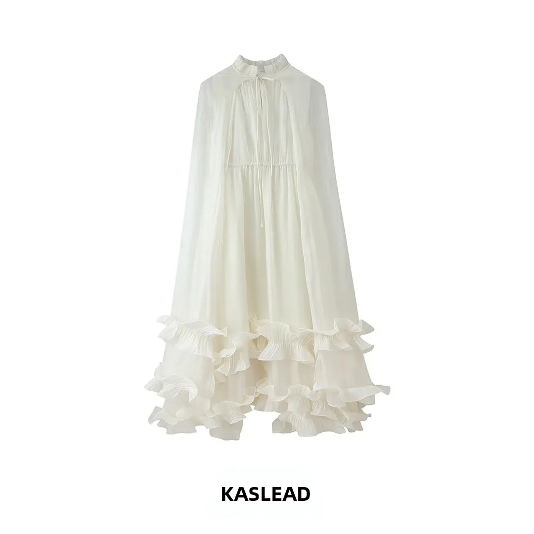 KASLEAD New Faion Long Sve Street Sle Fairy Skirt Maxi Dr Simple Earlet Lace Trim Women's Dr Polyester Fiber