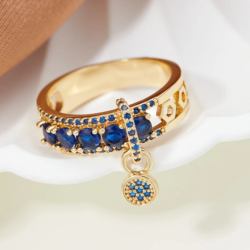 Vintage Royal Blue Stone Ring Yellow Gold Color Luxury Female Wedding Rings For Women Round Dangle Ring Engagement Jewelry Gifts