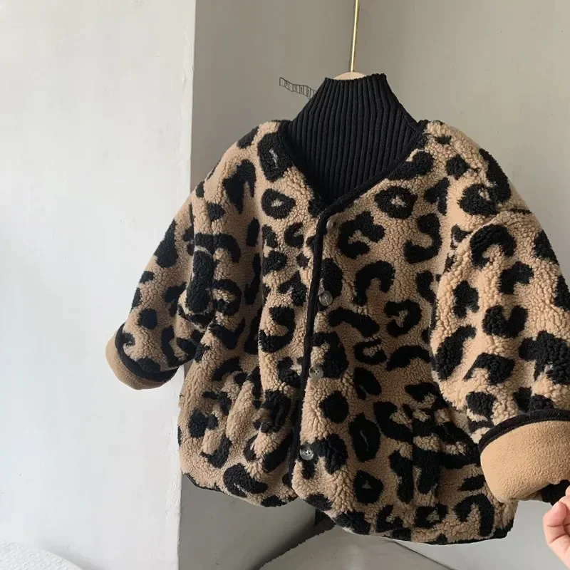 Girl Coat Leopard Print Plus Fleece Thickened Top Cotton-padded Coat 2024 New Winter Clothing Korean Simple Style Clothes