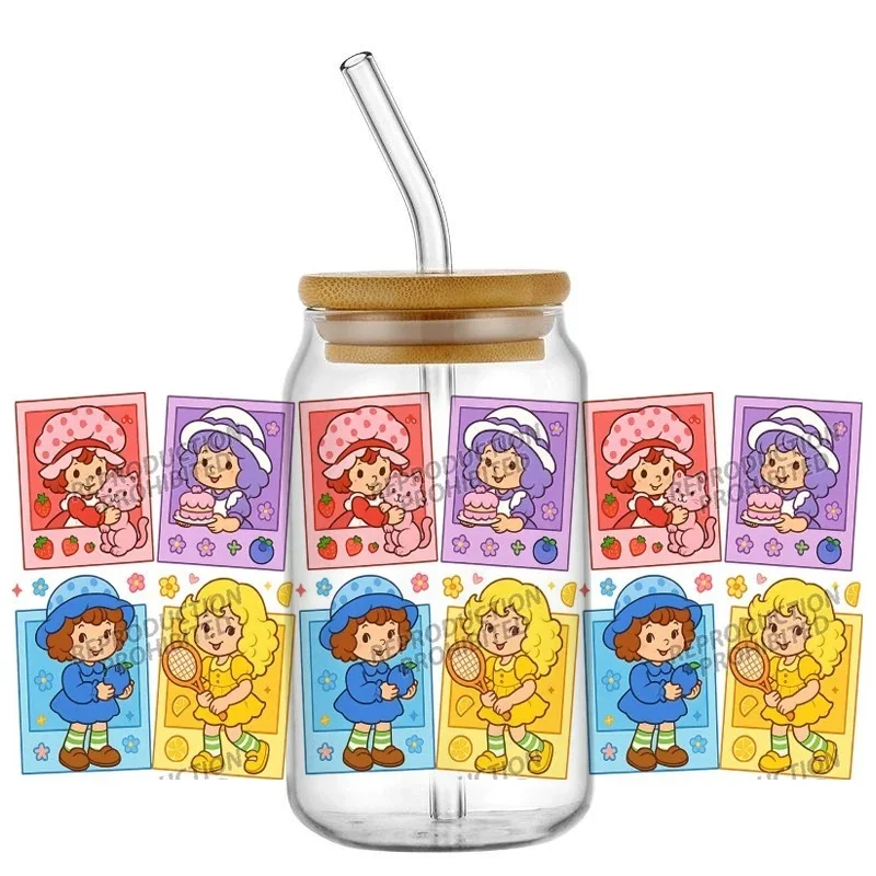 Cartoon Fruit Girl Design UV DTF Cup Wraps, 3D DIY Transfer Decals Tumbler Seal Stickers for 16oz Libbey Glass Can, Home Decor