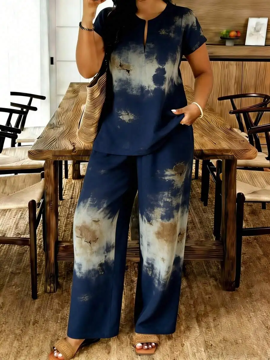 

Blue Tie-Dye Two-Piece Set For Women: Notch Neck Short Sleeve Top And Wide Leg Pants, Elastic Waist, Breathable Casual Summer