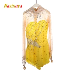 Nasinaya Children's Long Sleeve Dress Women's Figure Skating Competition Training Performance Clothing Rhinestone Yellow