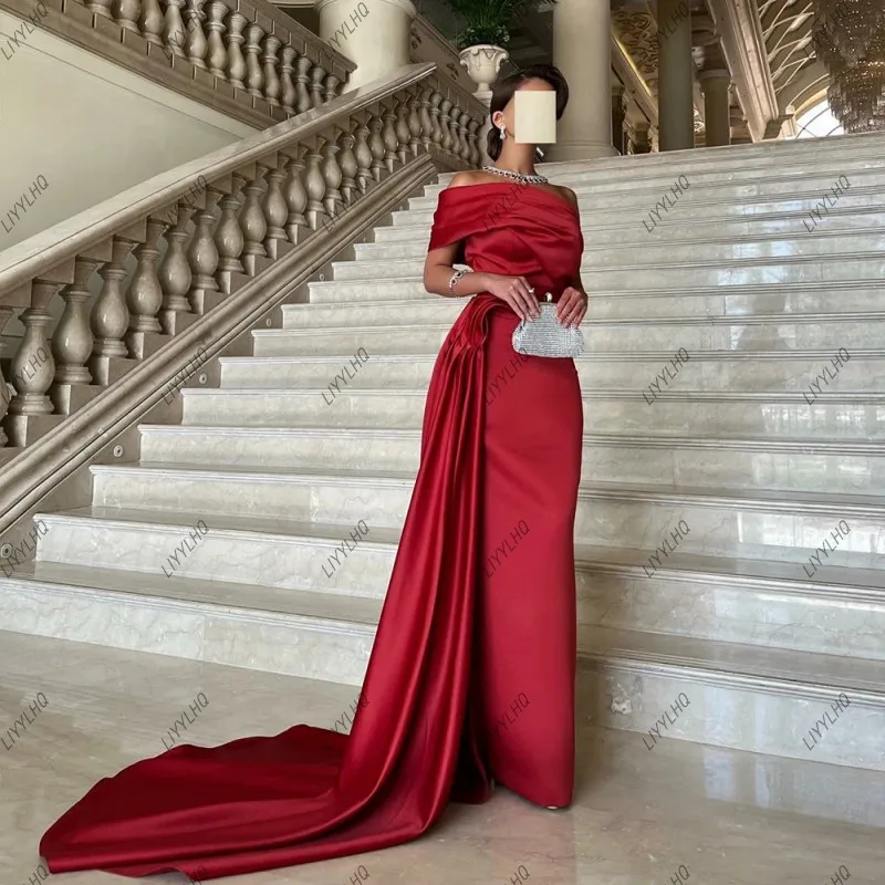 Red Count Train Prom Dresses Special One Shoulder Banquet Guest Dress Skirt Draped Saudi Arabic Satin Formal Party Dress