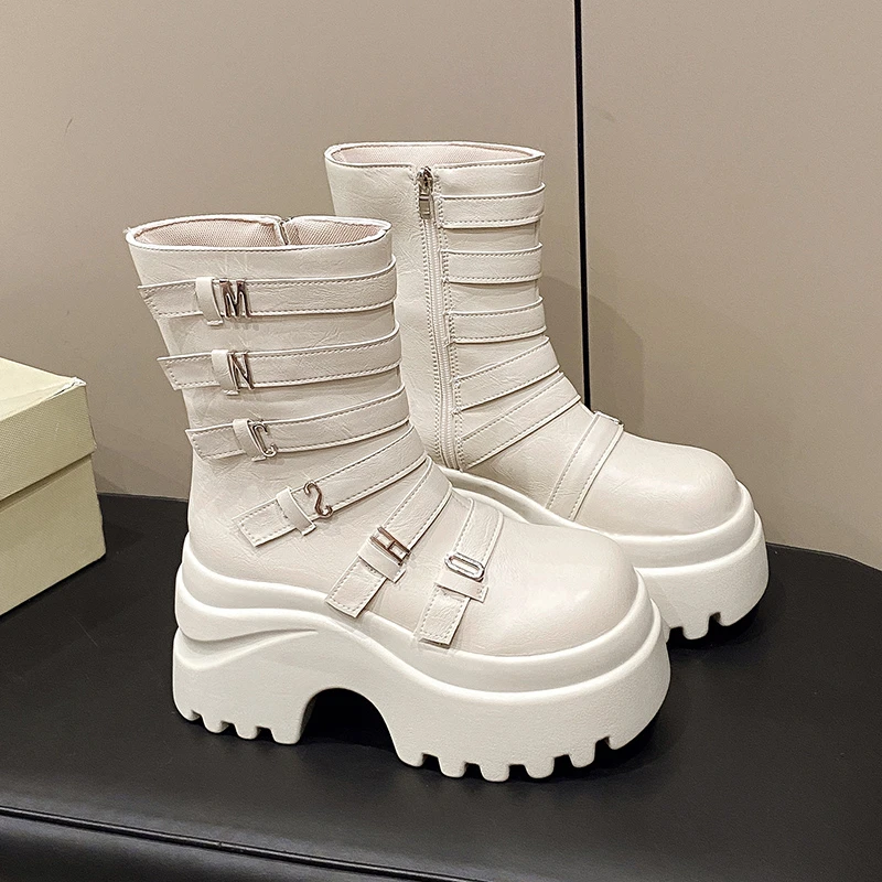 النساء فاسق الأحذية 9.5 سنتيمتر عالية منصة في الهواء الطلق أحذية من الجلد جديد الخريف الشتاء المعادن منتصف العجل الأحذية الكعوب المخفية دراجة نارية الأحذية