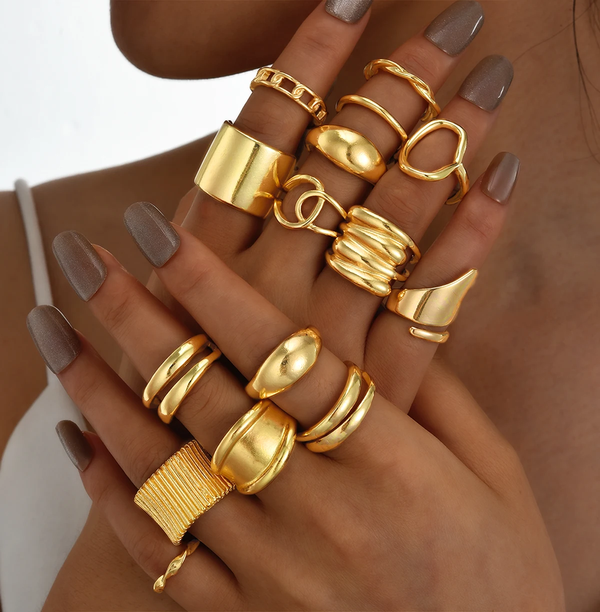 مجموعة خواتم هندسية بوهو عتيقة للنساء موضة الذهب اللون مبالغ فيها الشرير الجوف قطرة الماء خواتم ملابس يومية هدايا مجوهرات #1