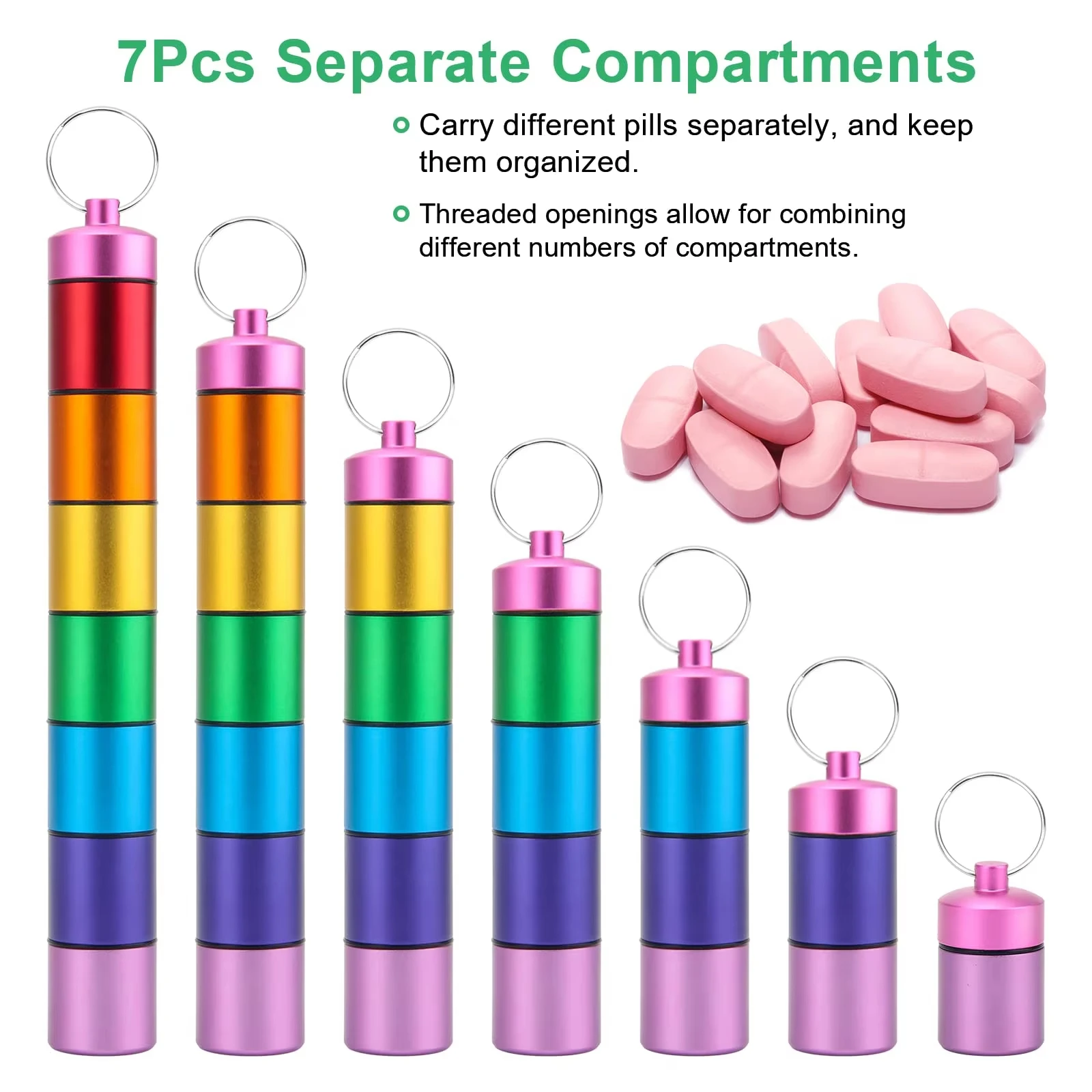 علبة حبوب منع الحمل الصغيرة المحمولة سلسلة المفاتيح حامل حبوب معدنية مقاومة للماء أنبوب مع 7 مقصورات لمنظم حبوب الدواء الصغيرة في حالات الطوارئ