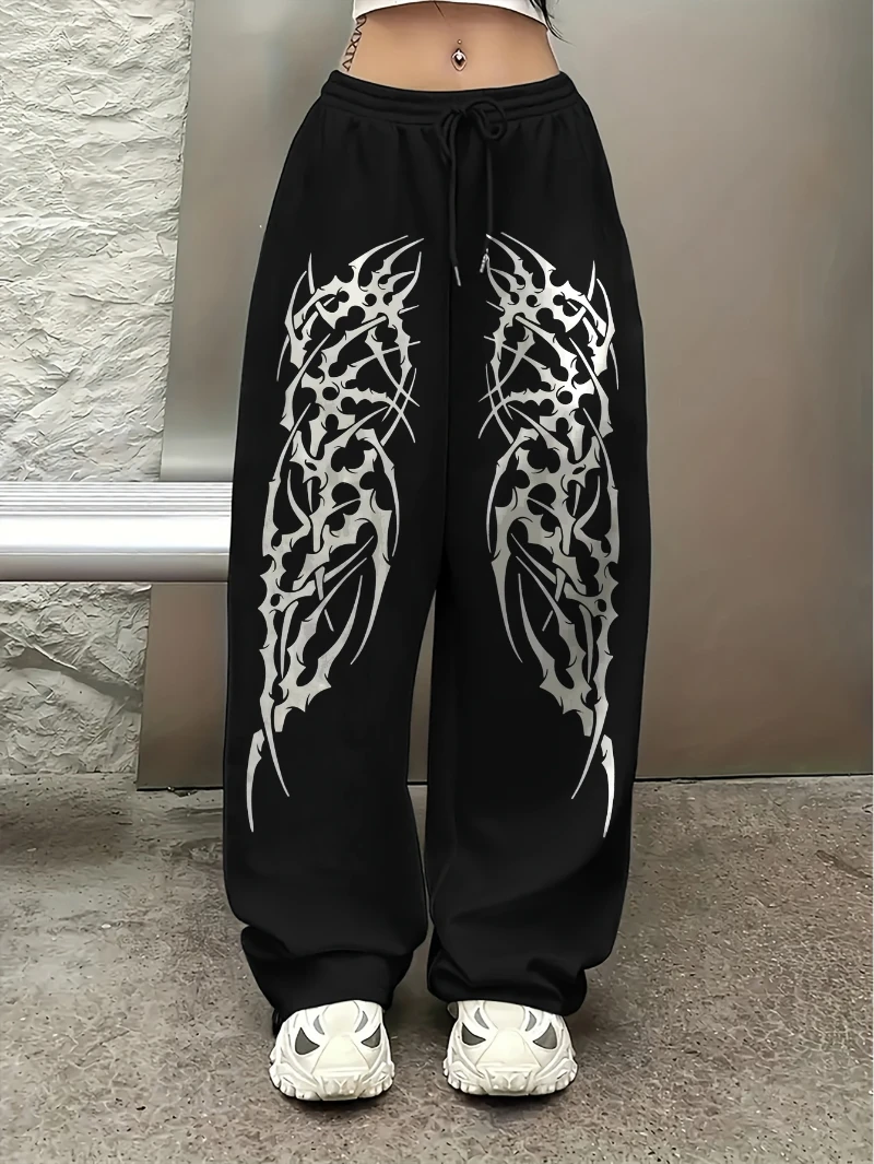 

Повседневные уличные брюки в стиле хип-хоп — черные, свободный крой, широкие брюки, талия на шнурке, белый графический дизайн, идеальная и удобность, 280 г