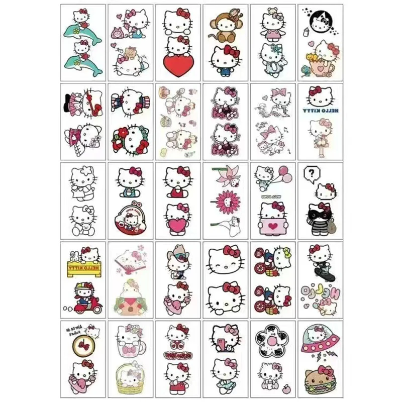 30pcs Sanrio Kuromi Hello Kitty Cute Waterproof Durable Color Tattoo Sticker Cartoon Characters Children Temporary Tattoos Decal