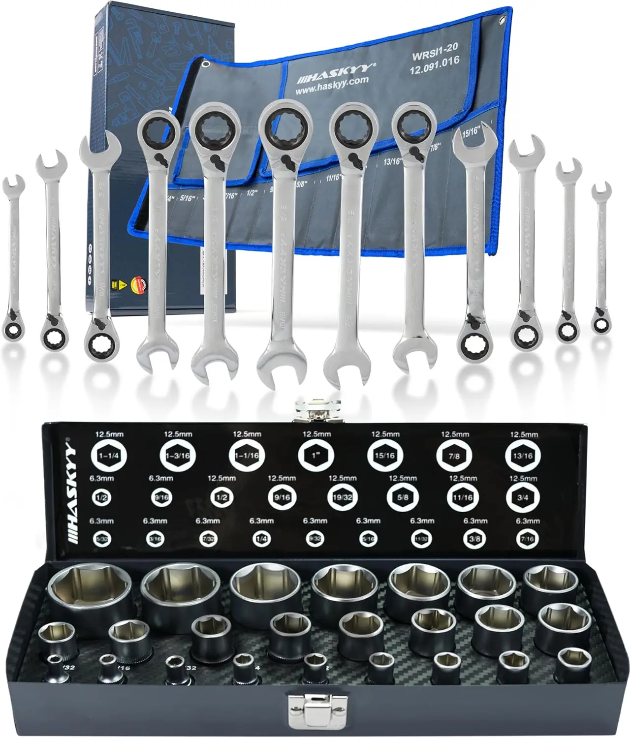 Zoll Werkzeugset Steckschlüssel 24-teilig (5/32"-1.1/4") & Ring-Ratschenschlüssel 12-teilig (1/4"-15/16)