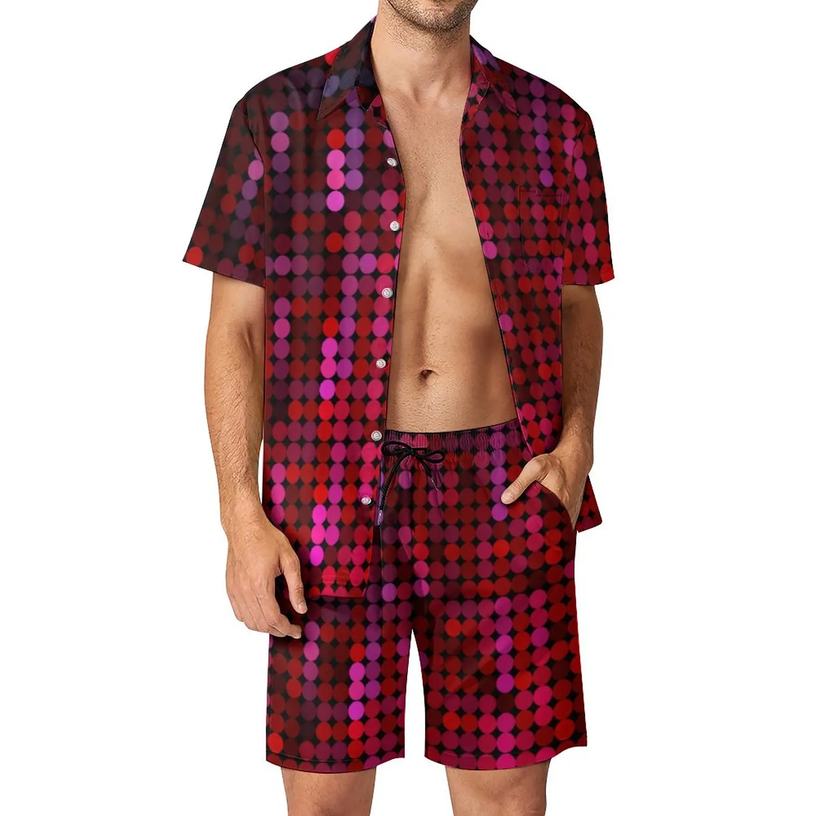

Red Disco Ball Beachwear Men Sets Pink Sequin Print Casual Shirt Set Summer Shorts Two-piece Hawaii Suit 2XL 3XL