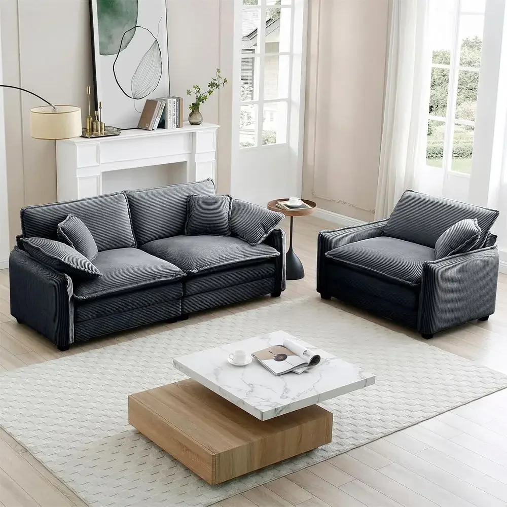 

2-Piece Sectional Sofa Set: Loveseat and Chair, Plush Corduroy, Deep Seating with 5 Pillows for Cozy Living Room (Grey)