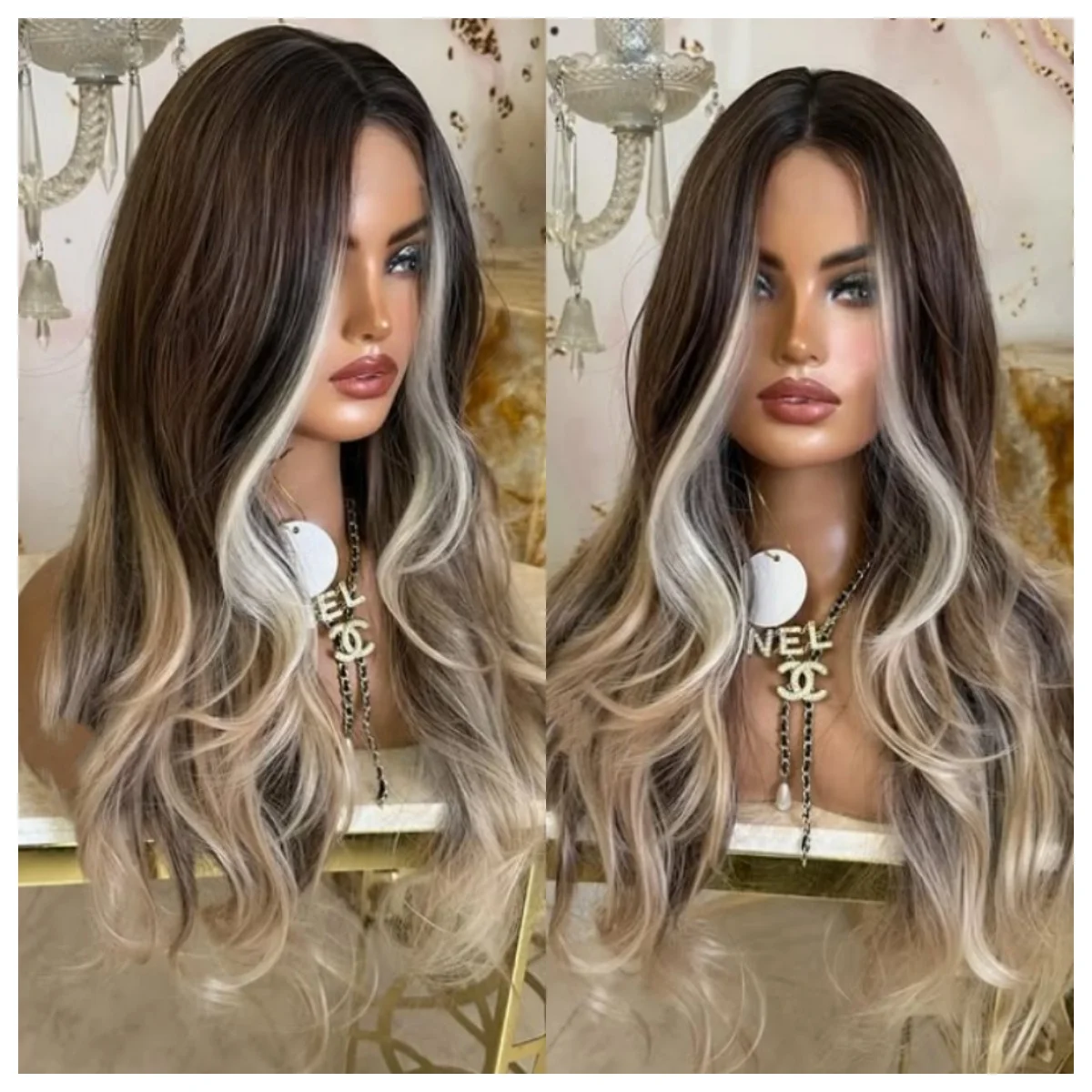 

Black Platinum Lace Front Wig – Loose Wavy Synthetic Wig with Dark Roots White Hairline Heat Resistant Ombre Wig for Cosplay