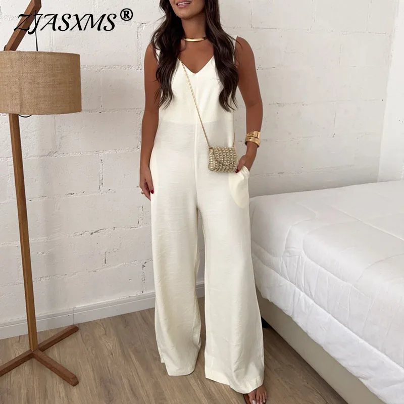 

Простой сексуальный комбинезон с V-образным вырезом и широкими штанинами для женщин, весенний однотонный комбинезон с высокой талией и поясом, летний безрукавный комбинезон с карманами для офиса