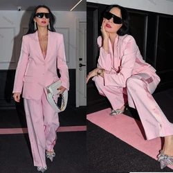 Pink Women Blazer Suits Notched Lapel Jacket Wide Legs Pants Loose 2 Pieces Power Casual Custom Made Suits