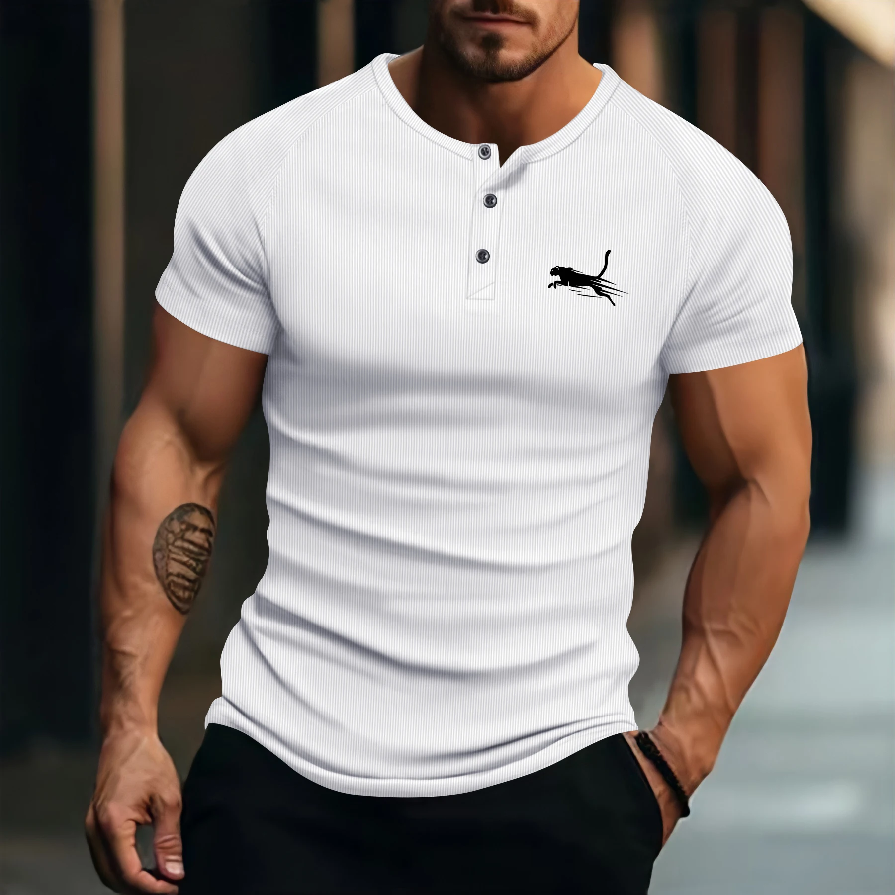 

2025 European size men's new summer fashion button-down short-sleeved striped casual sports print solid-colored shirt