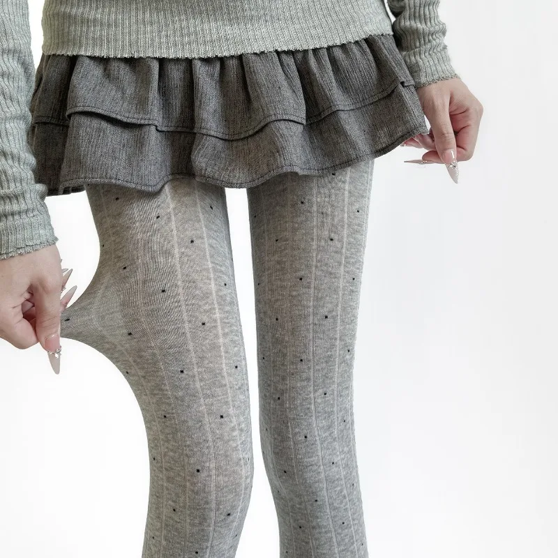 Retro Polka Dot Wide Stripe Tights Semi-Sheer Control Top Pantyhose in Charcoal Grey Slimming Stretchable Leggings Vintage Style
