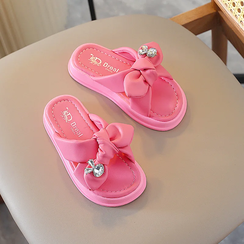 Girls Korean Style Trendy Slippers 2024 Summer New Fashion Soft Soled Anti-slip Slippers Cute Bow Princess Sandals Girl\'s Shoes