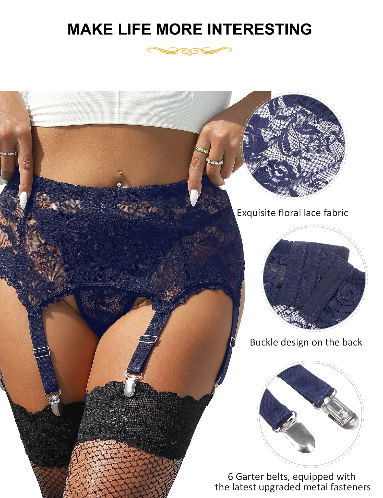 Comeondear Lace Garter Panties Women Elastic Suspenders Plus Size 5XL High Waist Belts Curvy Mesh Lingerie Sexy Blue Underwear