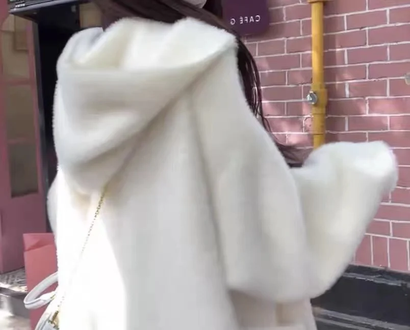 Ladies Long Knitted Open Cardigan Hooded Mink Simulation Loose Lazy Sweater Korean Sle Warmth Fall Winter Faion Commute S...