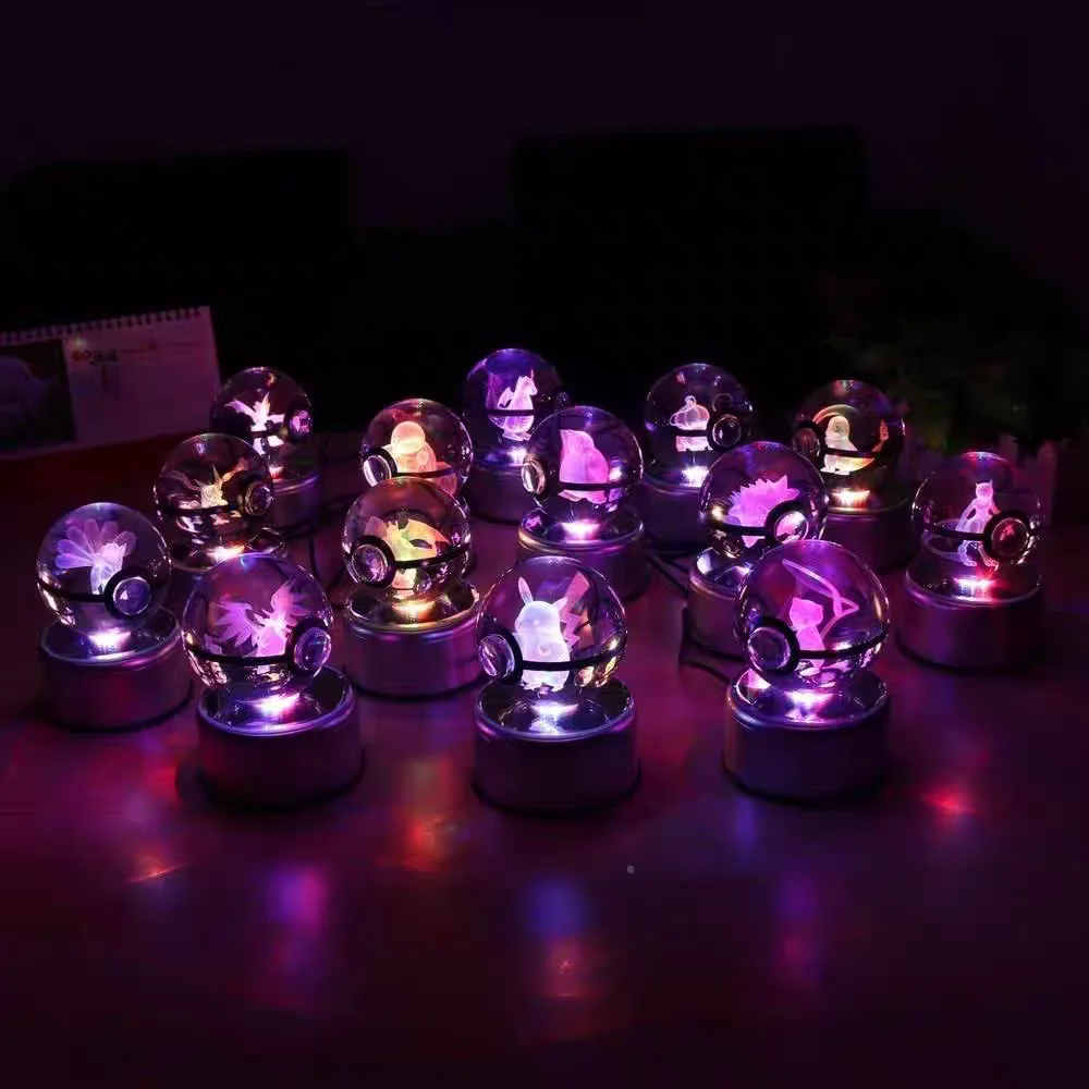 3D Crystal Ball Pikachu Gengar Mew Mewtwo Figurines Lamp Base Pokeball 3D Glass Ball Statue Kids Birthday Gift