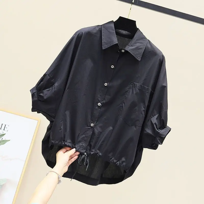 Streetwear Solid Color Stylish Shirring Blouse Casual Batwing Sleeve Summer Loose Lapel Female Pockets Single-breasted Shirt New