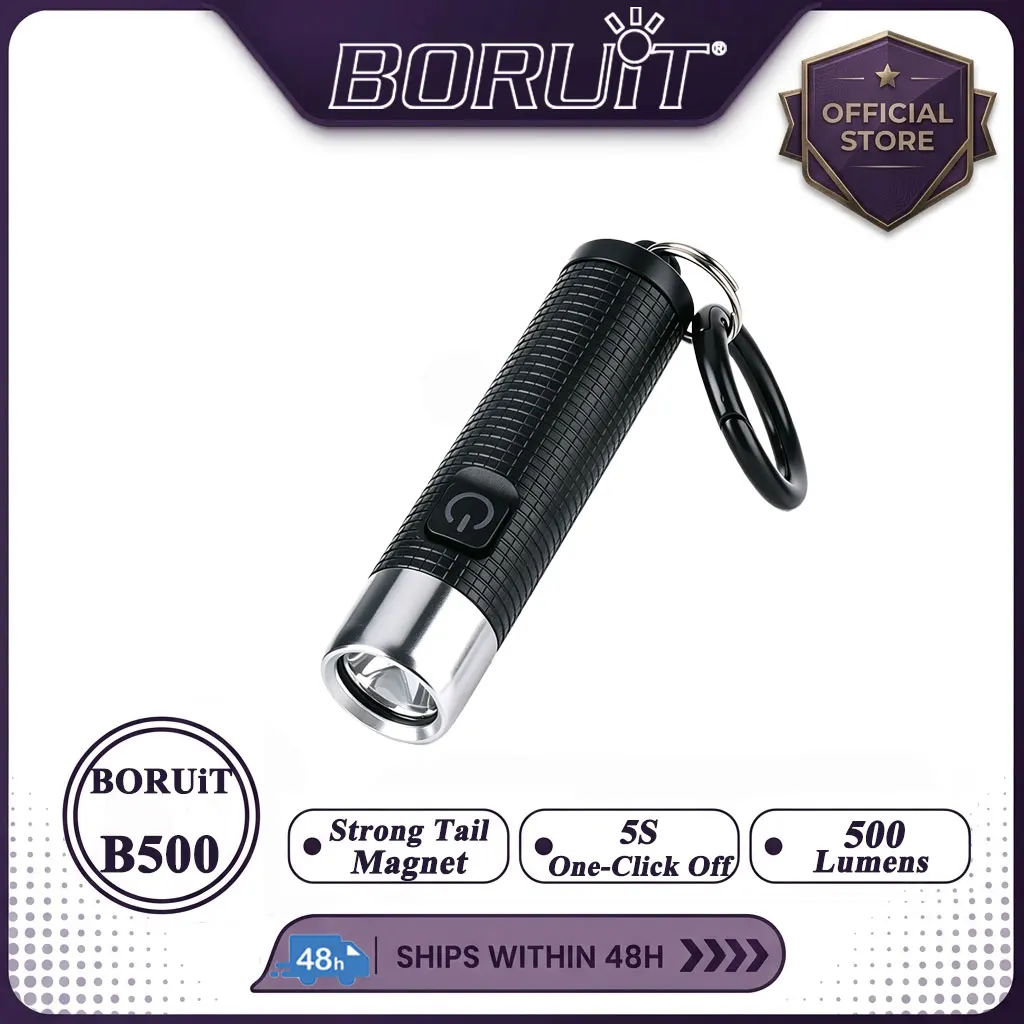 BORUiT B500 Mini Keychain LED Flashlight 500LM Type-C Rechargeable Magnetic Quick Release Pocket Torch EDC Camping Light