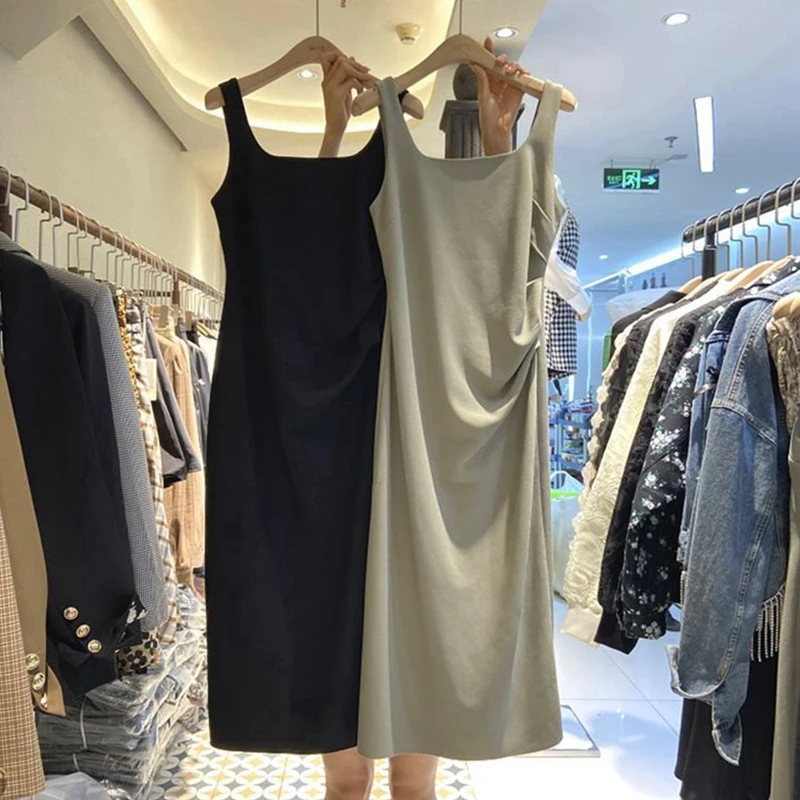 

plus Size Women's Sexy Color Strap Dress Casual Base Layer Skirt Summer Princess Style V-Neck Backless Bodycon Dress