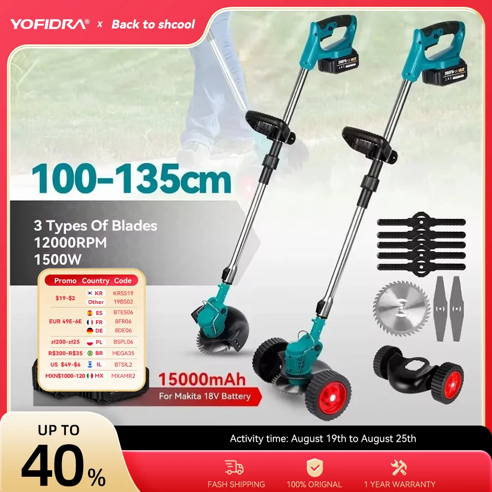 Yofidra Electric Lawn Mower Handheld For Makita 18V Battery Cordless Garden Grass Trimmer Length Adjustable with 2 Battery