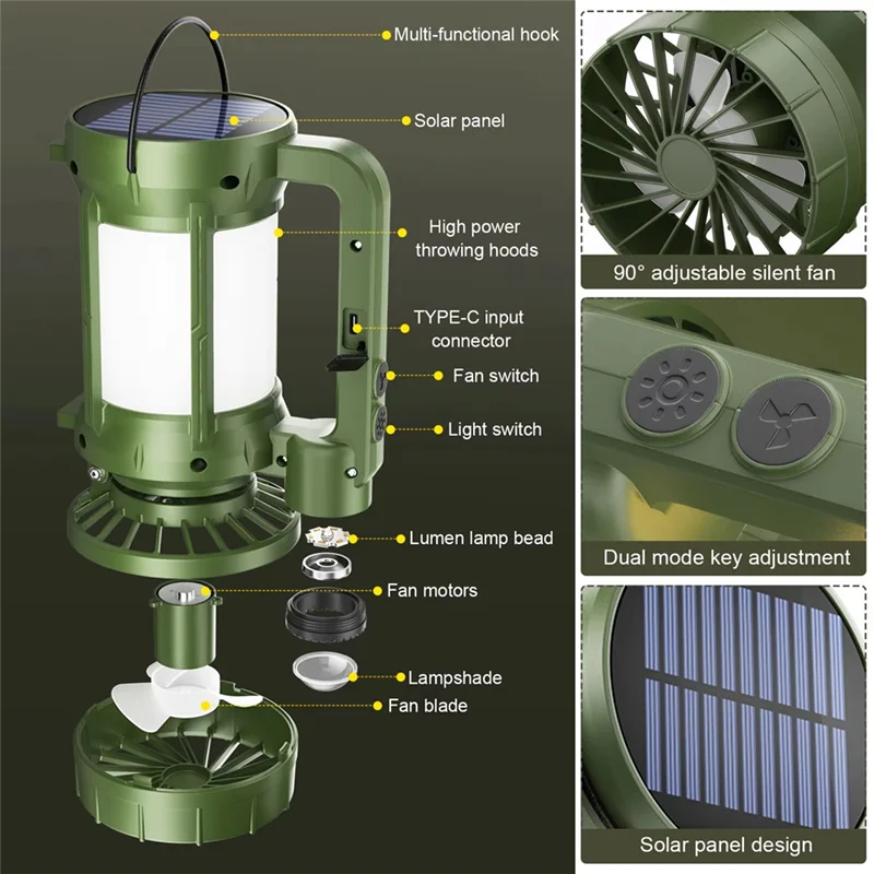ABRU-Versatile Solar Powered LED Camping Lantern With Cooling Fan And Flashlight Feature For Outdoor Use
