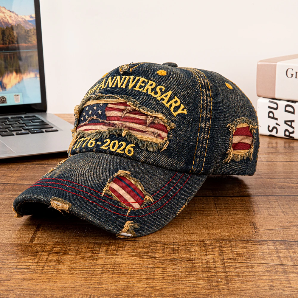 Vintage USA Flag 250th Anniversary 1776-2026 Distressed Denim Baseball Cap Adjustable Patriotic Dad Hat for Men Women