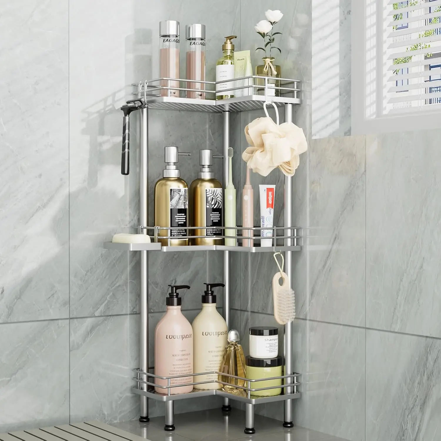 

Corner Shower Caddy Standing 3-Tier Stainless Steel Shower Organizer with Soap Holder and 4 Hooks for Bathroom