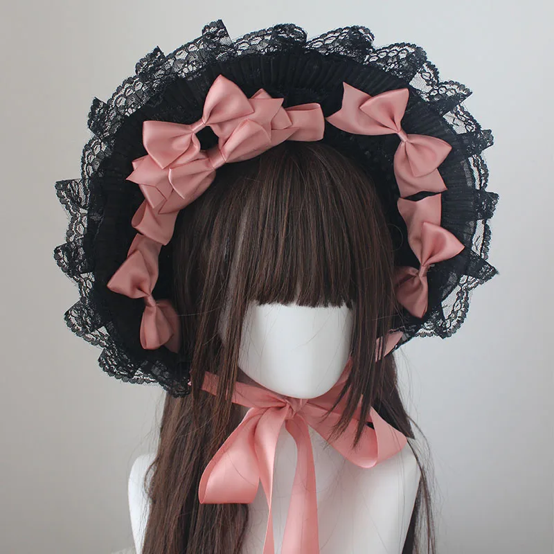 Sombrero de Encaje Estilo Gótico Lolita con Lazo, Gorro Bonito para Cosplay de Niña, Hecho a Mano, Diseño Original, Accesorio para Exhibición de Anime