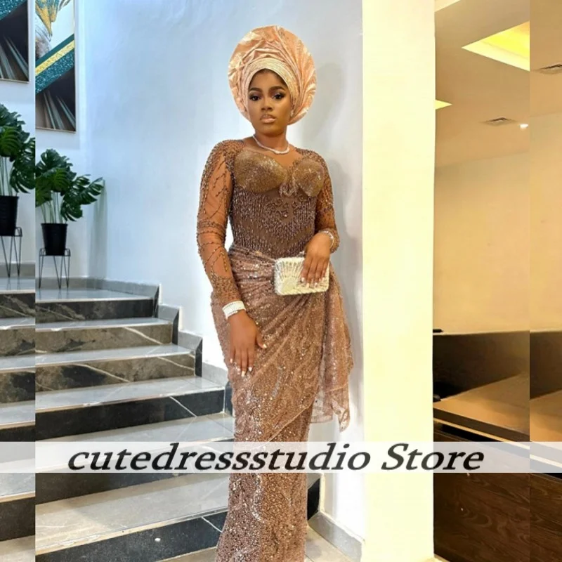 

Exquisite Sequin Beaded Mermaid Evening Dress For Black Girls Aso Ebi Long Sleeves Prom Dresses Wedding Party Gowns Customized